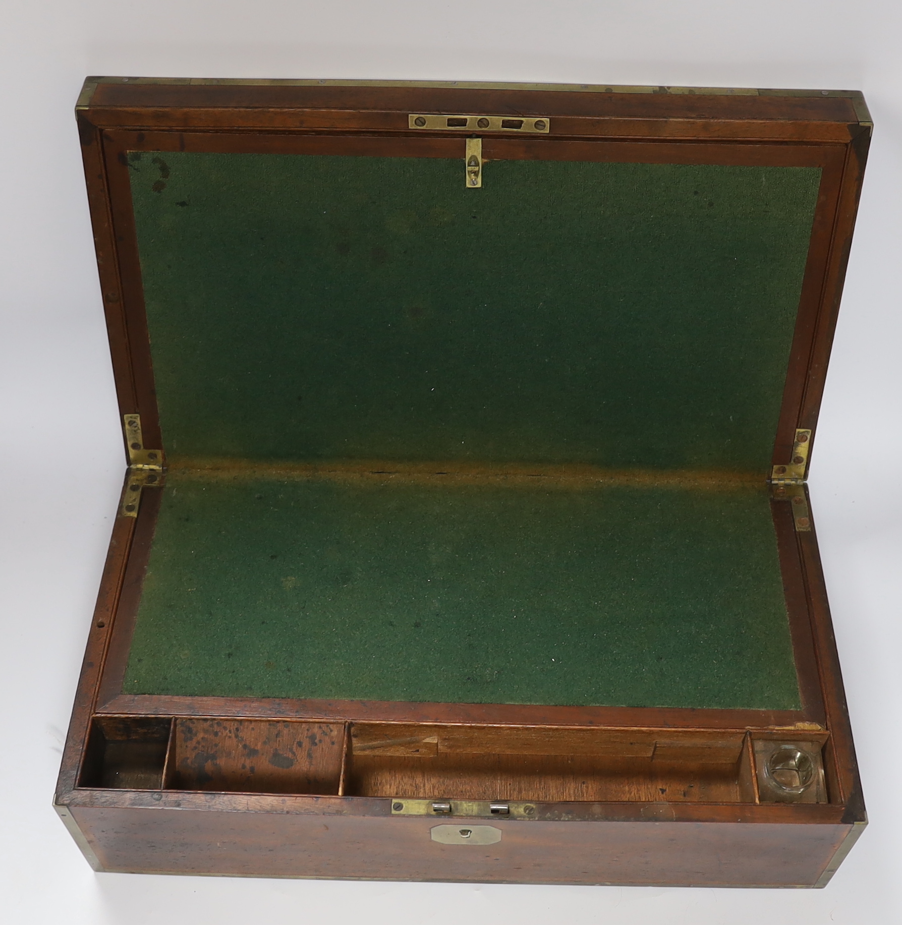 A Victorian brass bound mahogany writing slope, 45cm wide